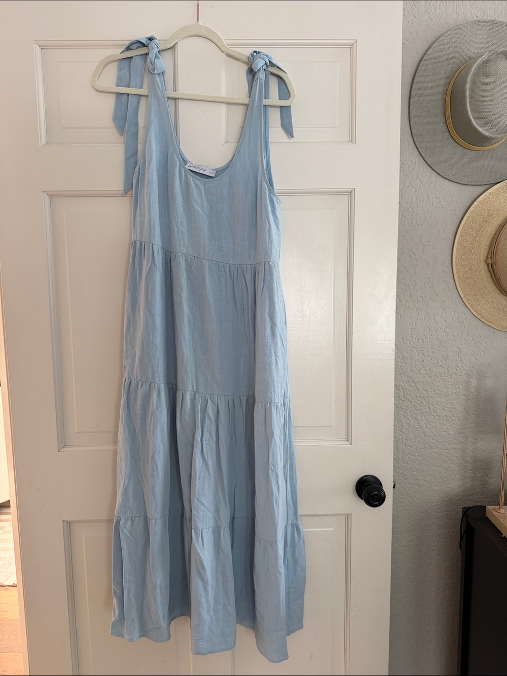 Light Blue linen Tie-Shoulder Tiered Sundress